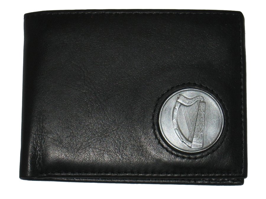 Celtic Ireland Irish Brown Leather Trifold Wallet with Brian Boru Harp Emblem